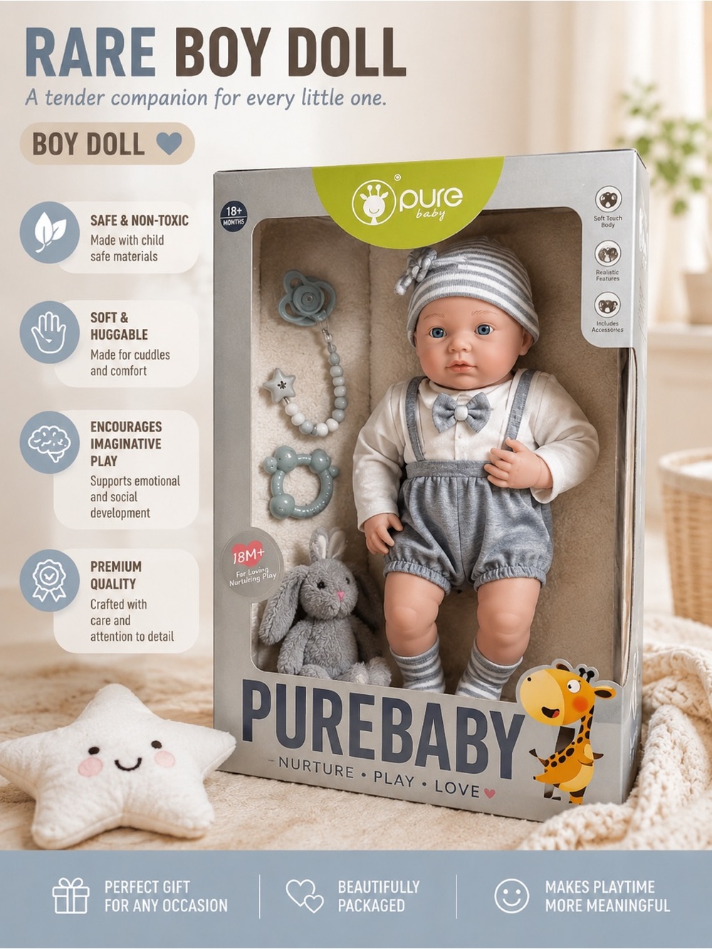 Rare! Purebaby Baby Boy Doll with Teether & Pacifier Set